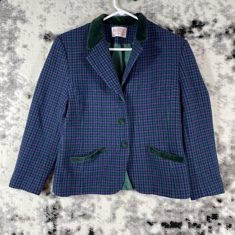Pendleton Blazer Womens Size 12 Houndstooth Blue Purple Lined Wool Casual